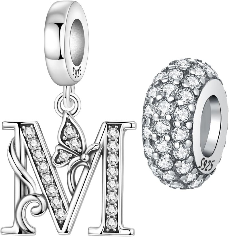 PANPOKI Store 2 Pack 925 Sterling Silver Butterfly Letter Charms for Bracelets and Necklace Alphabet Initial Dangle Pendants Round Spacer Beads Pave Cubic Zirconia Jewelry Gift for Women - Image 1